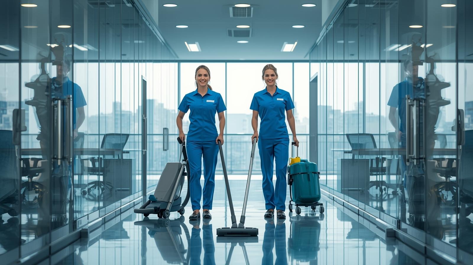 Create an image of two professional cleaners working together in an office space, teamwork concept, uniforms with cleaning tools, modern corporate building, realistic business environment.